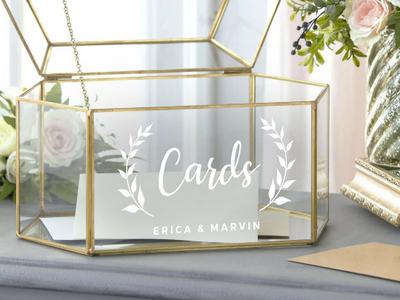 Cards Wedding Card Box with Wreath Leaves & Custom Couples Names Vinyl Decal Sticker